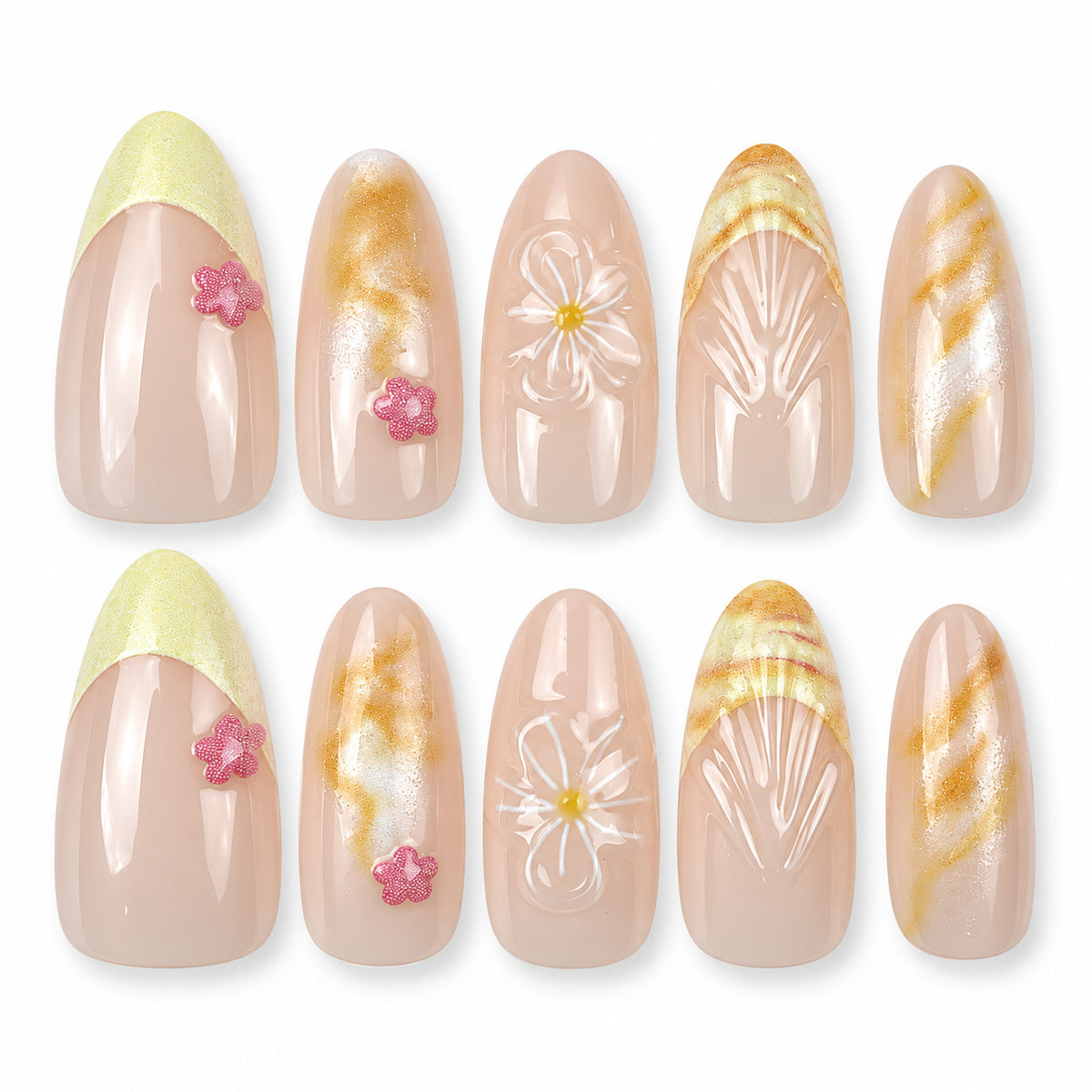Honey Meadow yellow marble and floral almond press-on nails