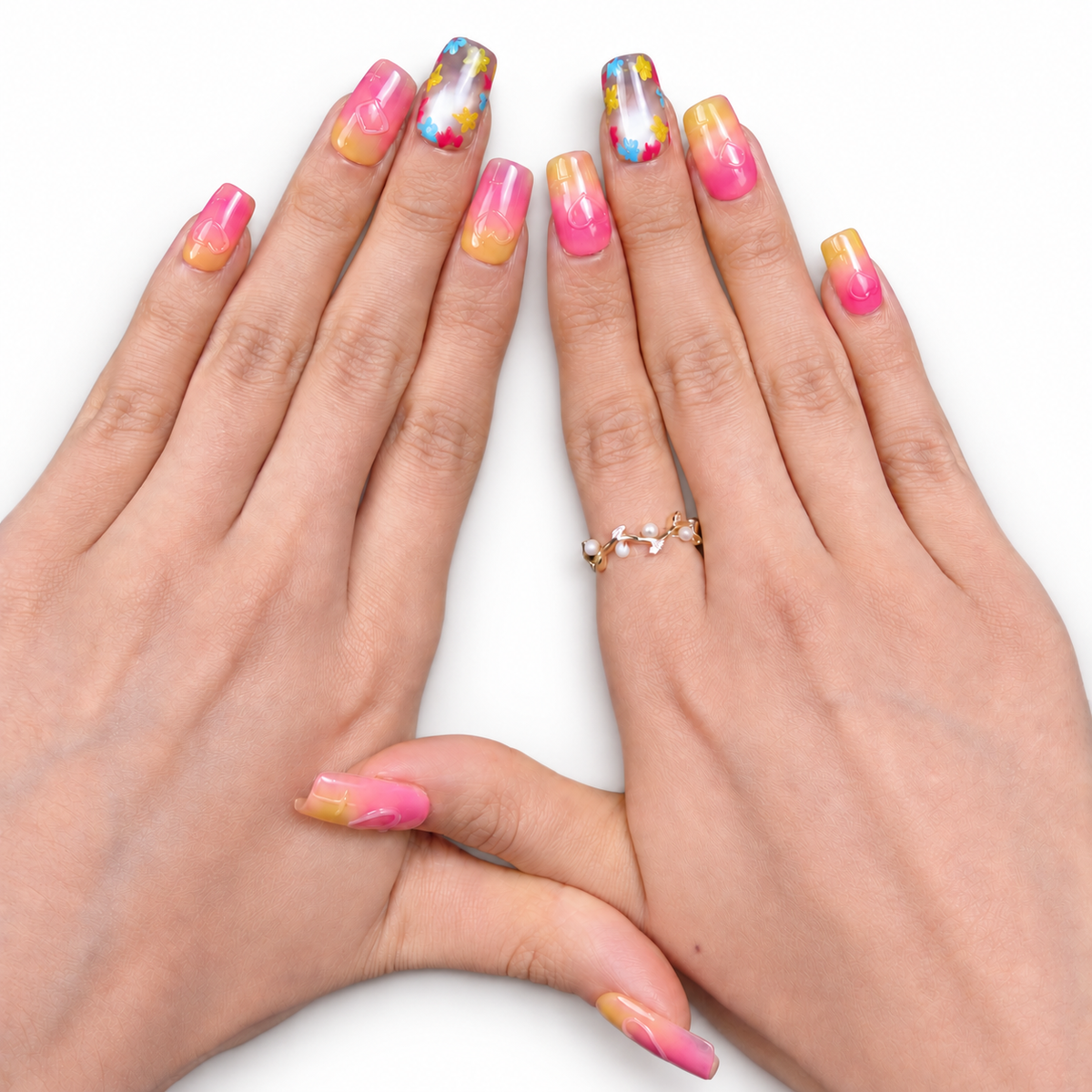 Sunset Ombre Star & Flower Medium Square Press-On Nails - product view 5