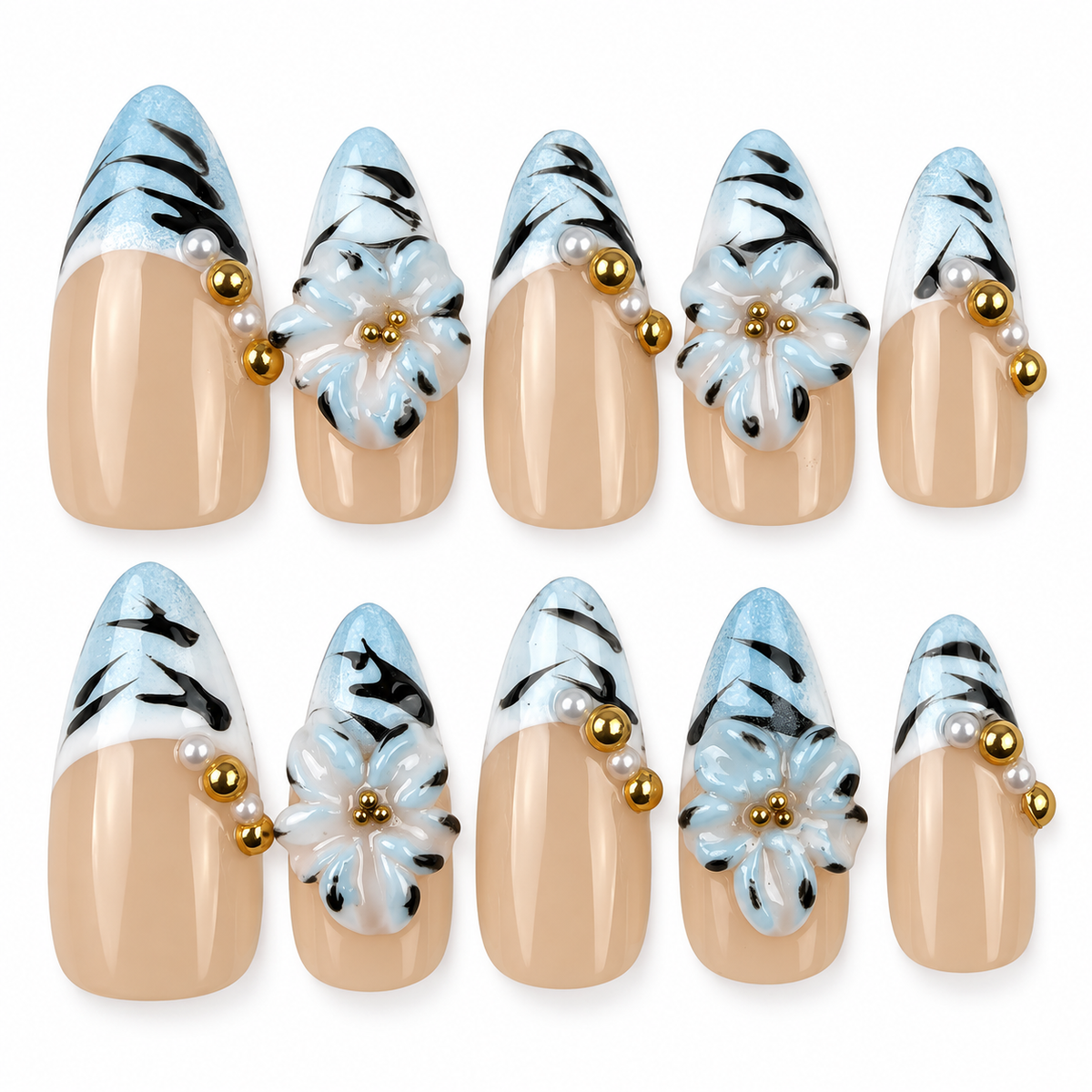 Frost Bloom ice blue striped French tip almond press-on nails with white flowers