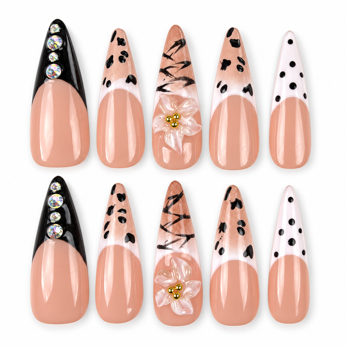 Noir Detail black and nude graphic French tip almond press-on nails
