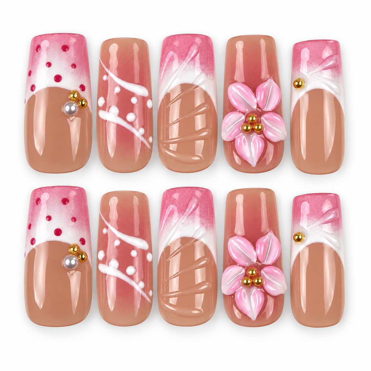 Rose Trellis pink floral and white linework square press-on nails