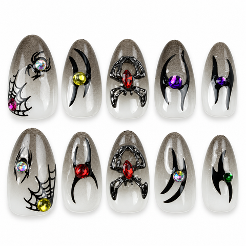 Midnight Creepers | Grey Spider Halloween Almond Press-On Nails