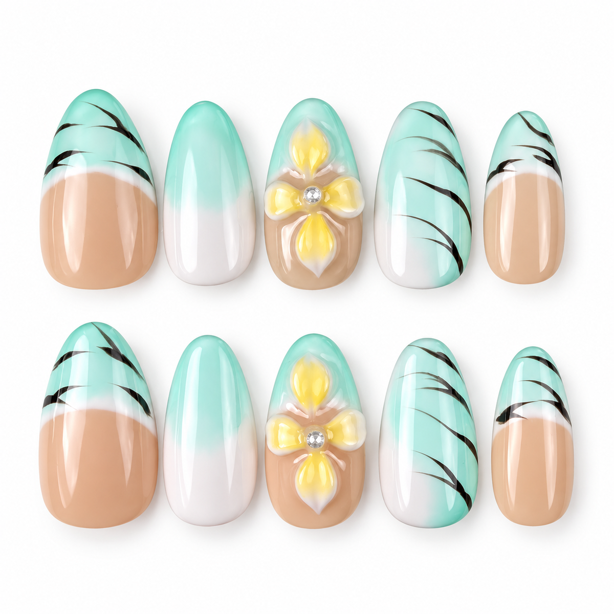 Mint Breeze mint French tip and yellow floral almond press-on nails