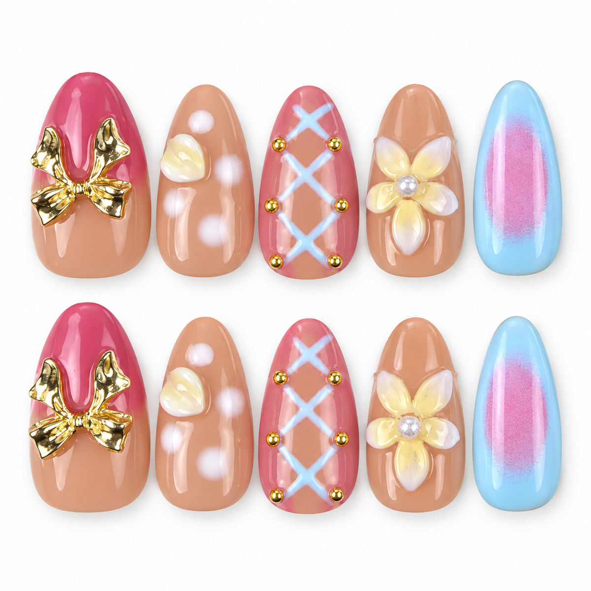 Sorbet Charms pink, blue and peach floral almond press-on nails with gold charms