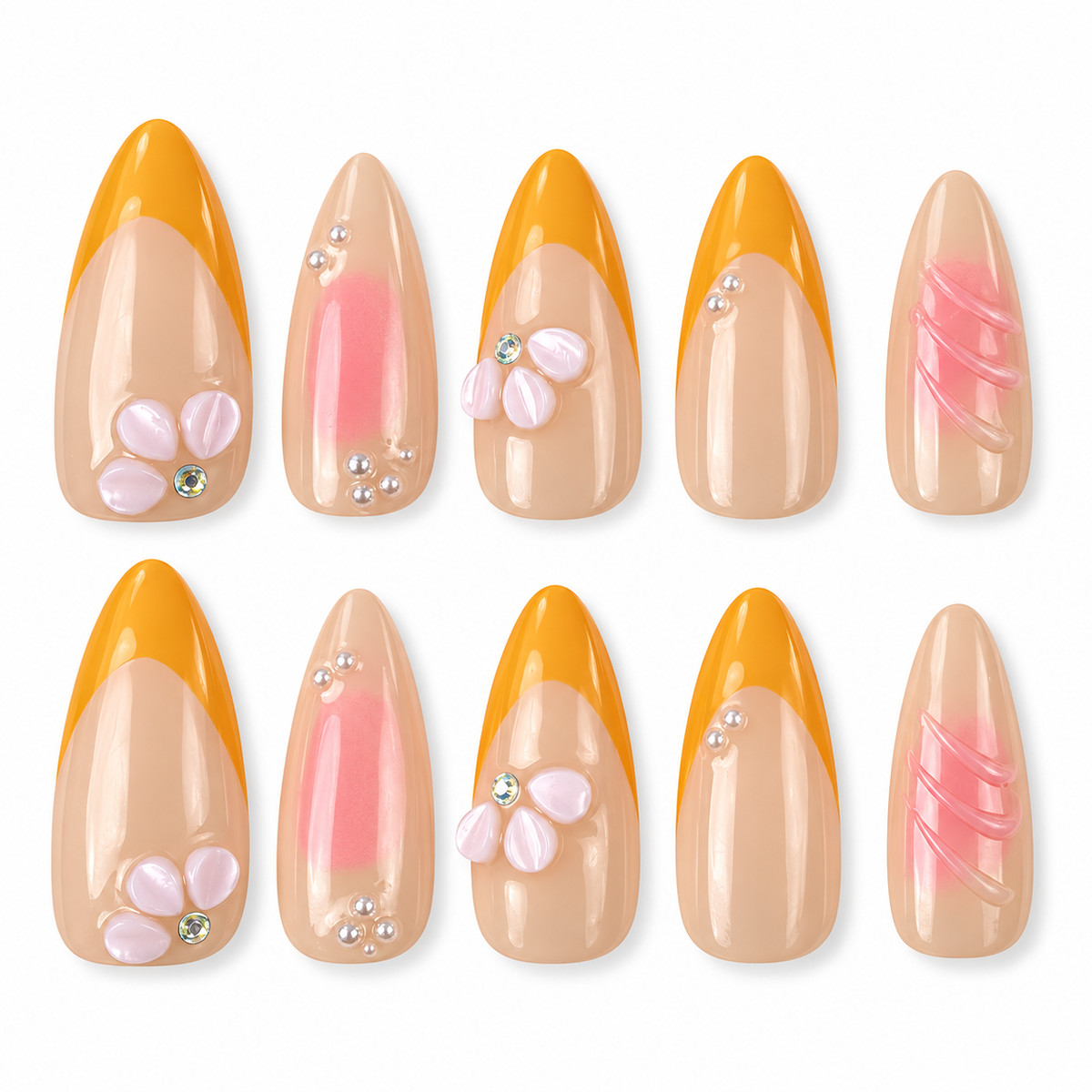 Apricot Petals orange French tip and pink floral almond press-on nails