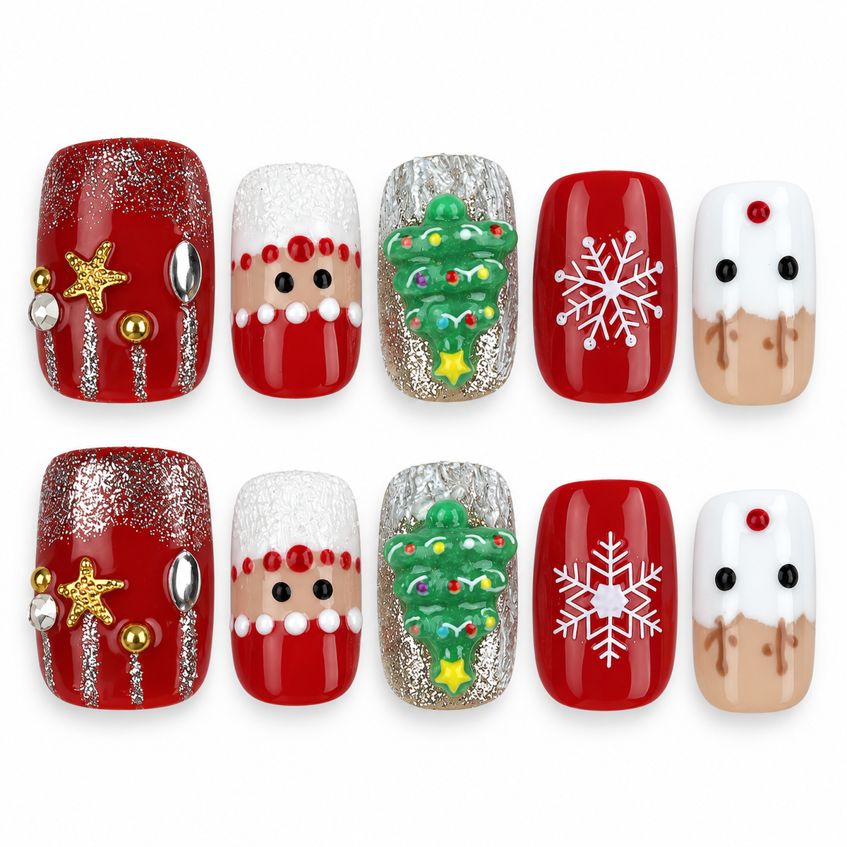 Christmas Patchwork red and green Christmas square press-on nails with trees and snowflakes