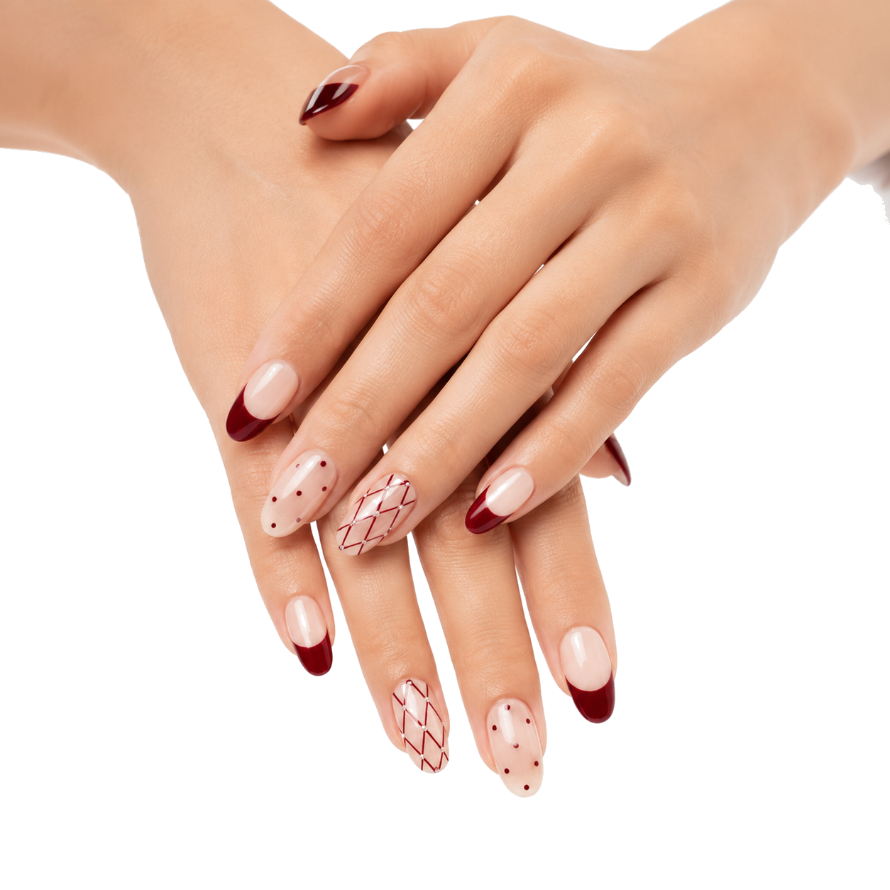 C-001-B Handmade Solid Color Short Squoval Press-On Nails - White background two-hand styling view - UB2 BEAUTY