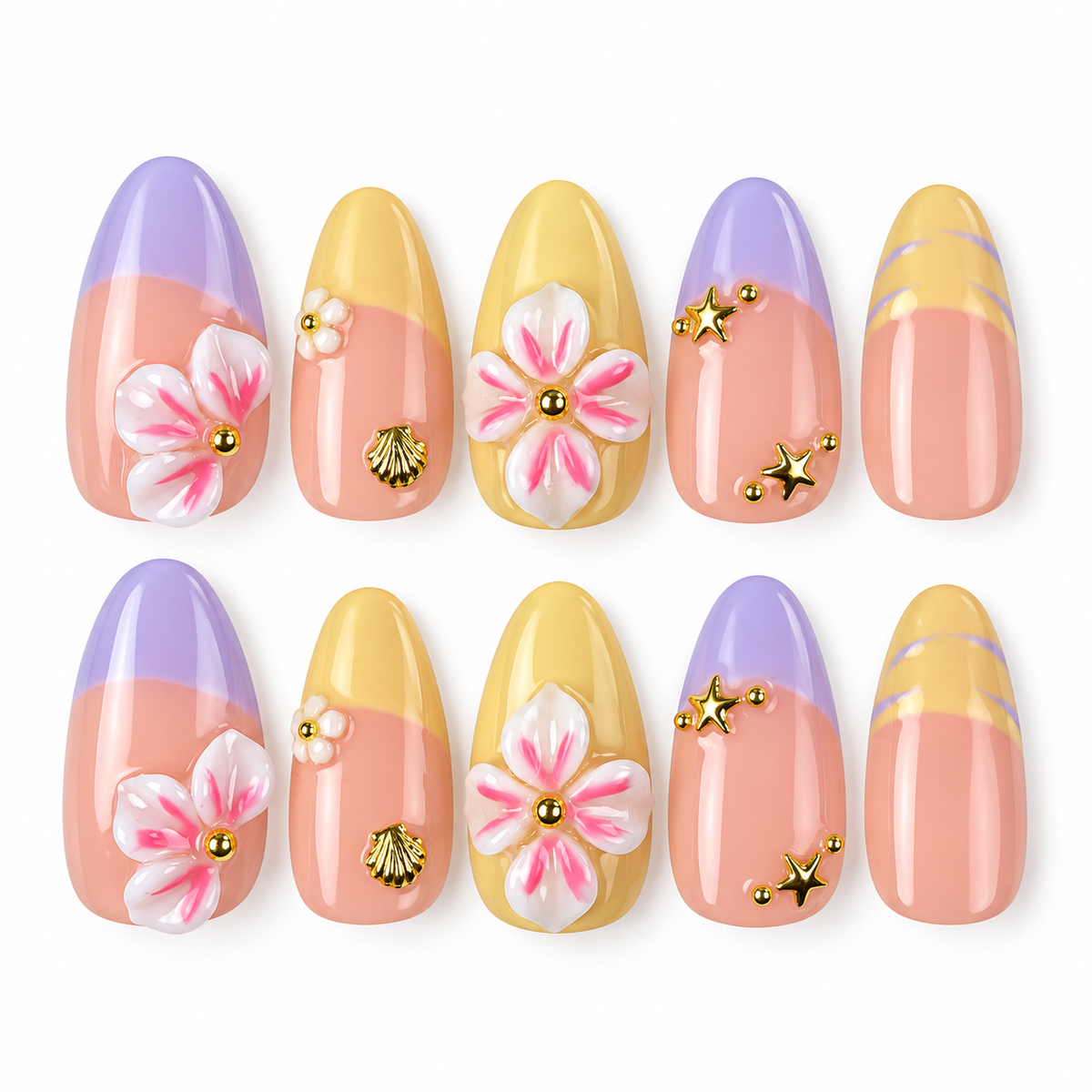 Lilac Lemon lilac and yellow French tip floral almond press-on nails