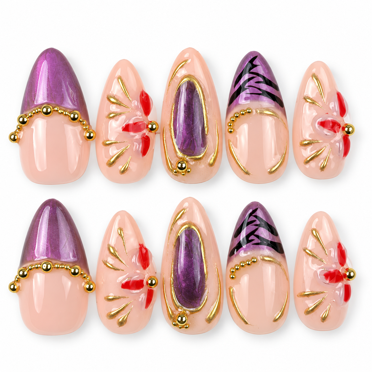Amethyst Bloom purple and gold floral almond press-on nails