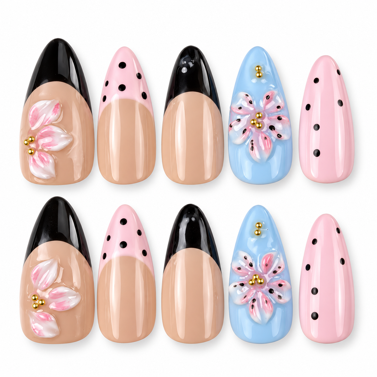 Playful Petals pink, blue and black polka dot floral almond press-on nails