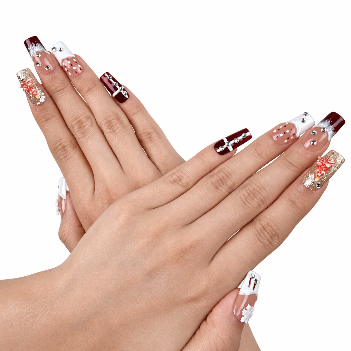 Detail shot of Winter Rose burgundy glitter and white snowflake Christmas square press-on nails on hand