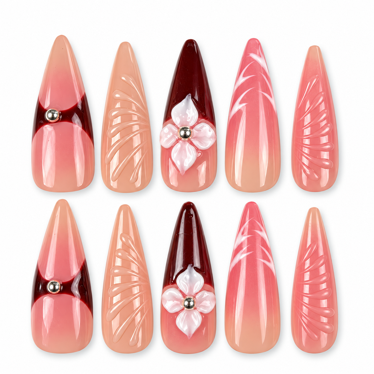 Crimson Petal red and nude pink floral stiletto press-on nails