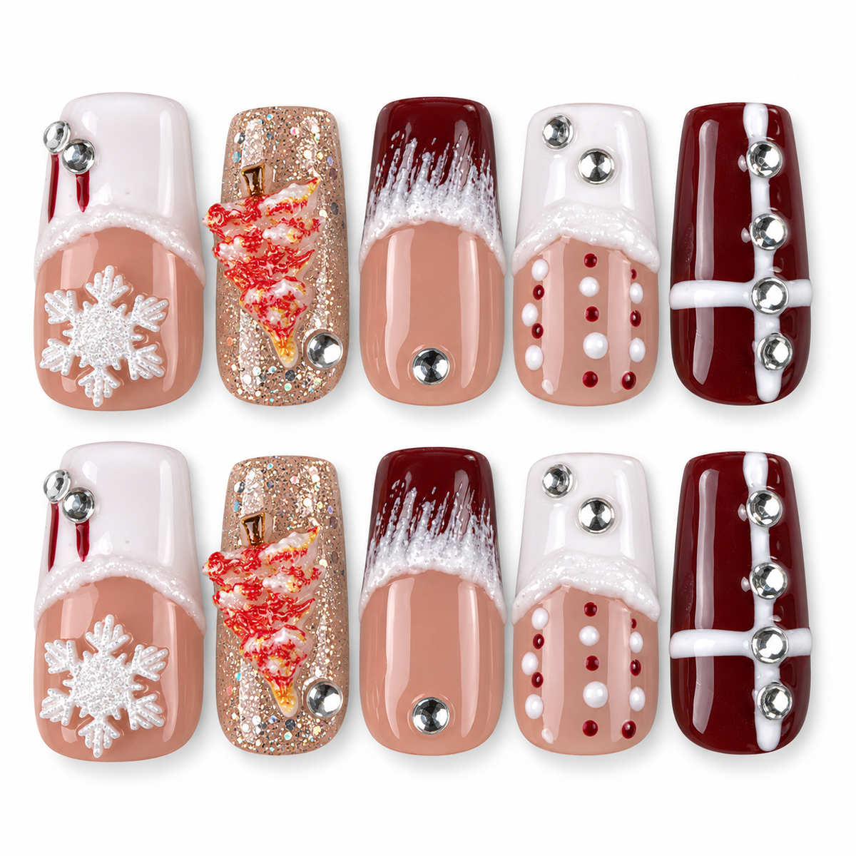 Winter Rose burgundy glitter and white snowflake Christmas square press-on nails