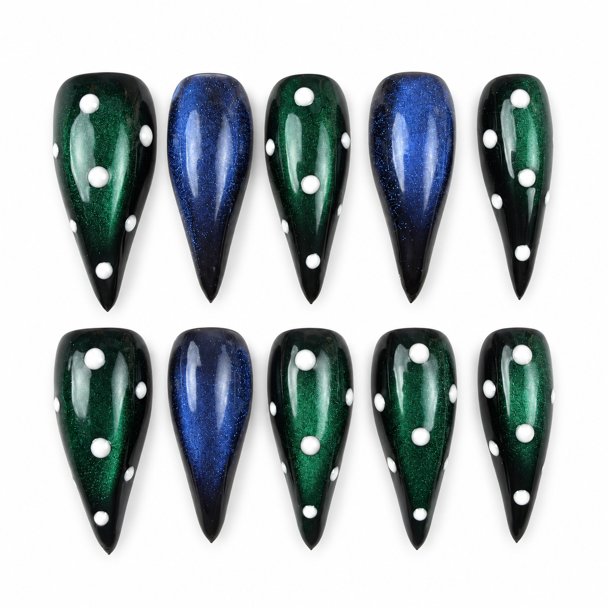 Emerald After Dark green and blue cat eye stiletto press-on nails with rhinestones