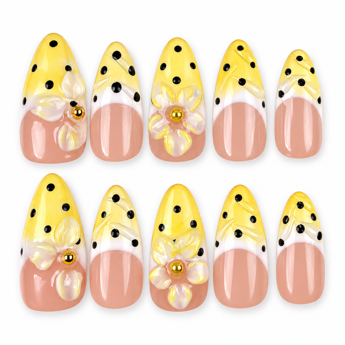 Sunny Petal yellow polka dot French tip floral almond press-on nails