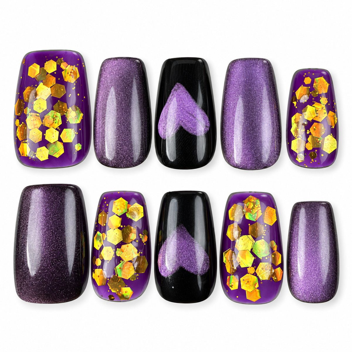 Purple Hearts purple cat eye and gold glitter heart square press-on nails