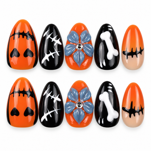 Spooky Petal | Orange & Black Halloween Floral Almond Press-On Nails