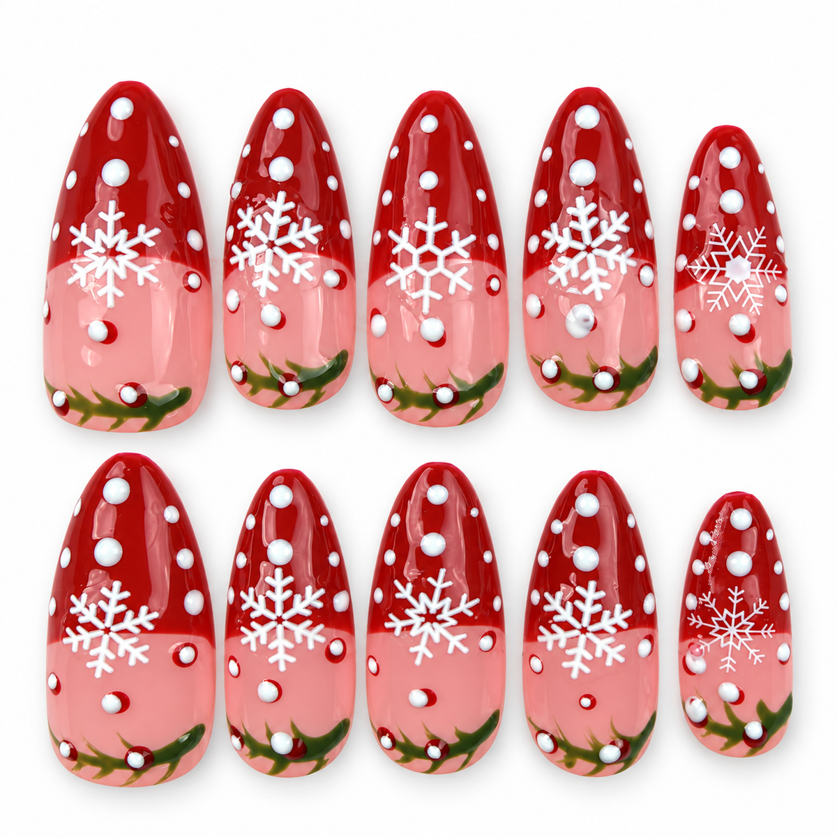 Holly Snow red and pink snowflake French tip Christmas almond press-on nails