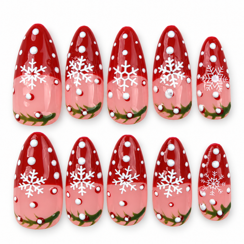 Holly Snow | Red & Pink Snowflake Almond Press-On Nails