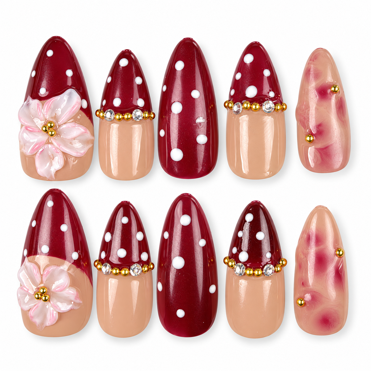 Cherry Blossom burgundy polka dot French tip floral almond press-on nails