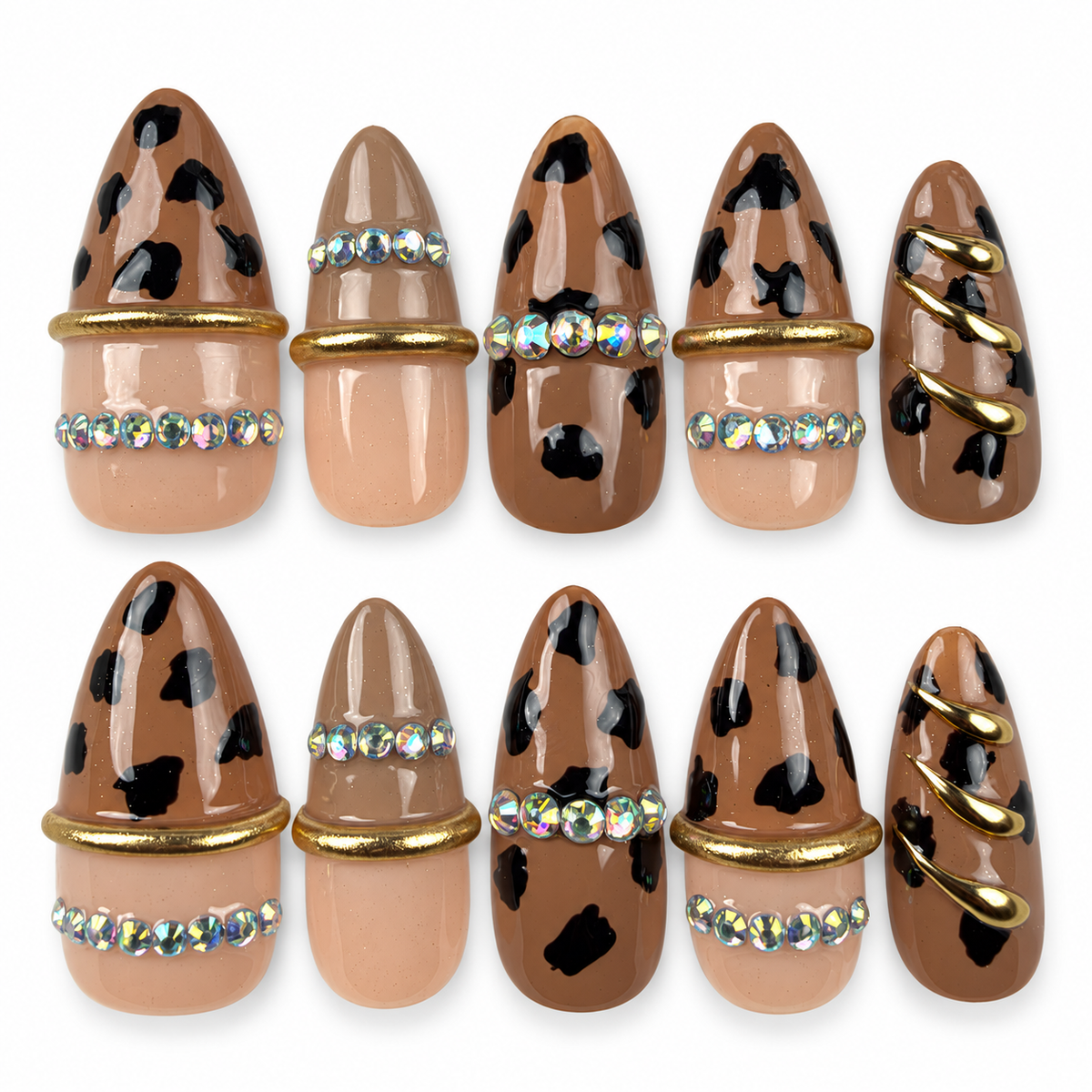 Wild Gleam nude leopard print almond press-on nails with gold accents and rhinestones