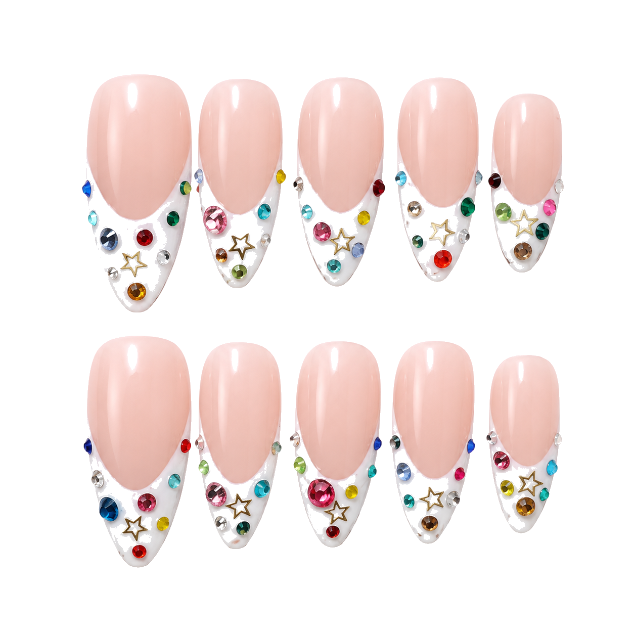 F-001-E Handmade French Medium Almond Press-On Nails - White background 45-degree side view - UB2 BEAUTY