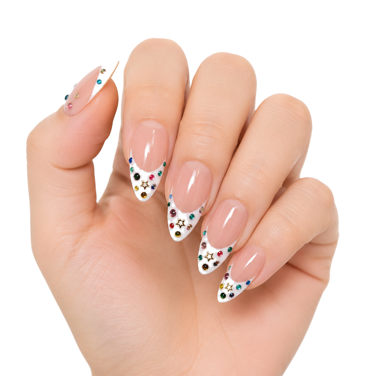 F-001-E Handmade French Medium Almond Press-On Nails - White background hand close-up view - UB2 BEAUTY