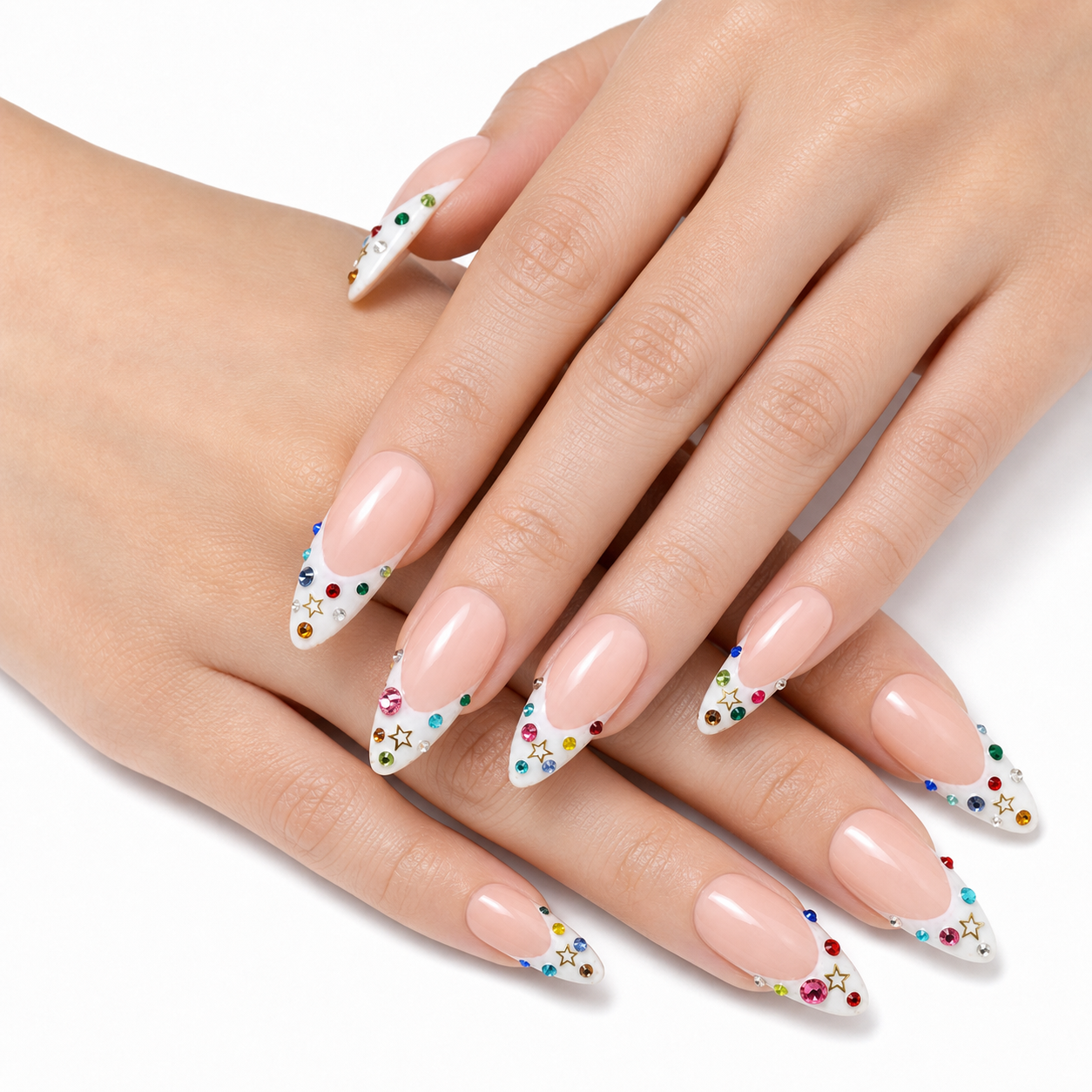 F-001-E Handmade French Medium Almond Press-On Nails - White background circular layout view - UB2 BEAUTY