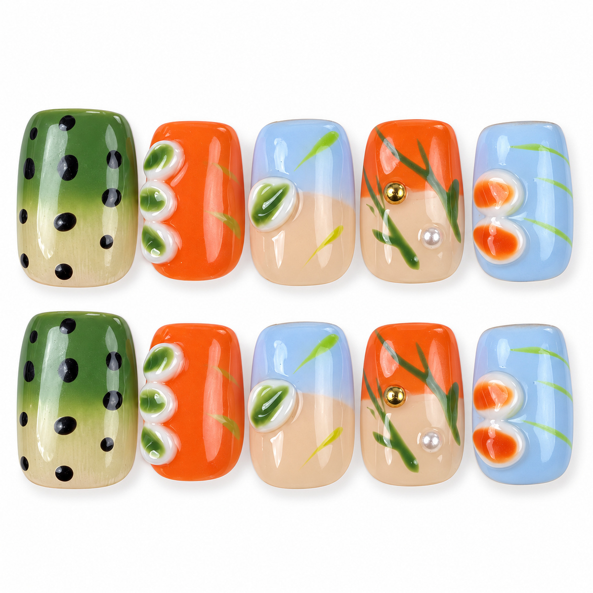 Summer Orchard orange, blue and green floral square press-on nails