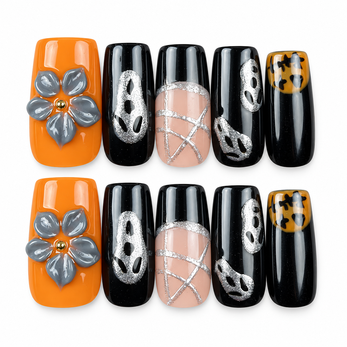 Midnight Harvest orange and black skull Halloween square press-on nails