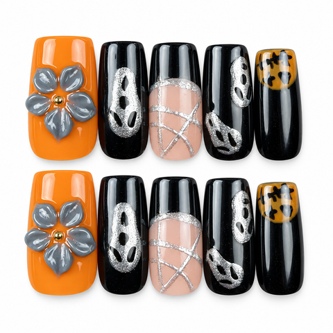Midnight Harvest | Orange & Black Skull Art Halloween Square Press-On Nails