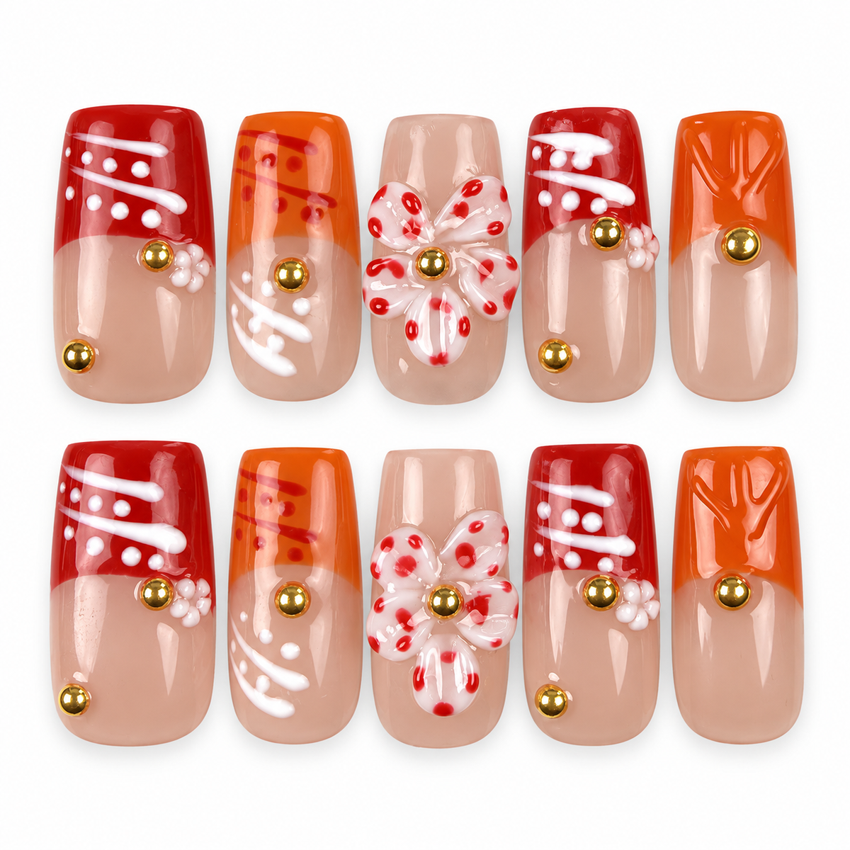 Coral Ribbon coral and orange floral square press-on nails