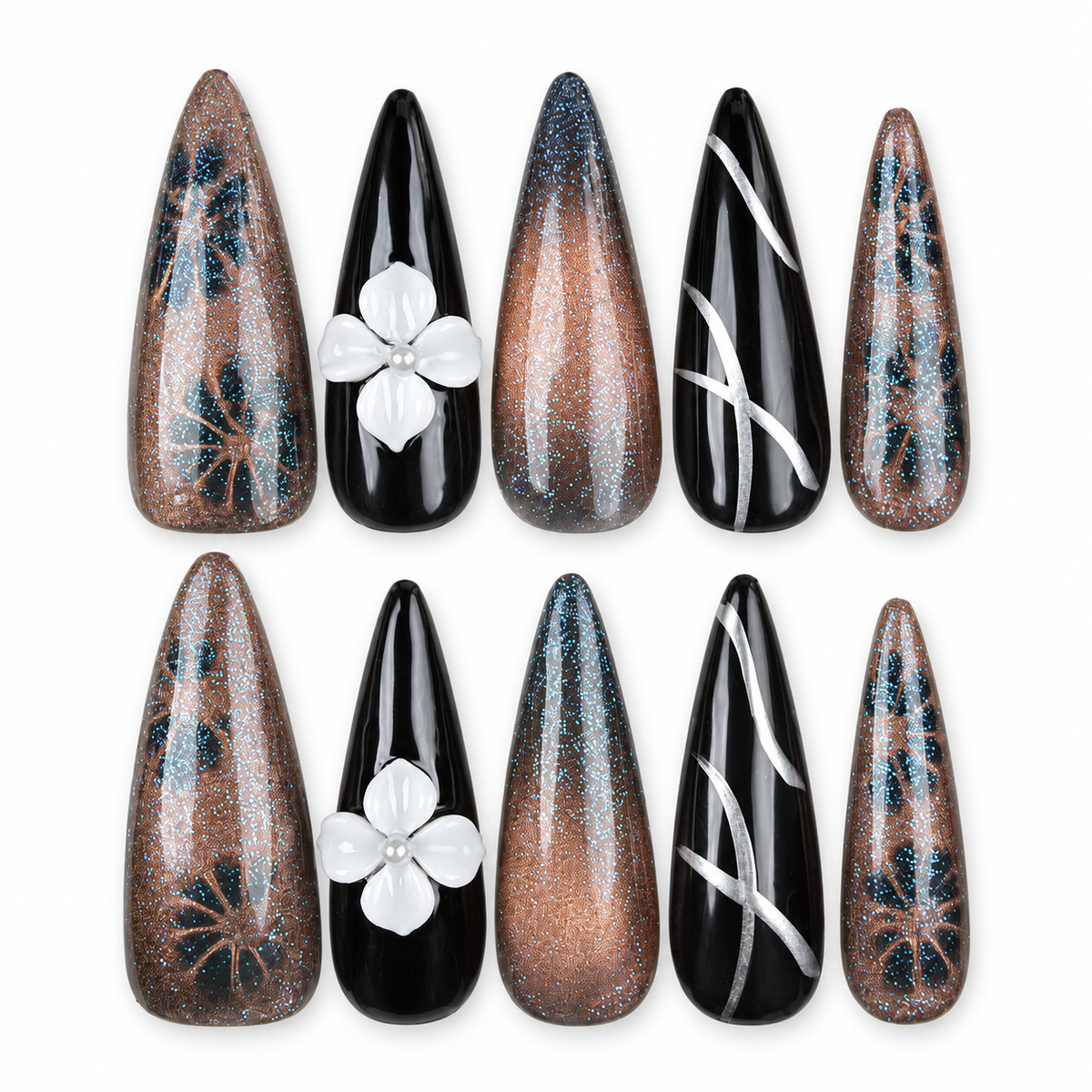 Smoky Bloom black and smoky grey stiletto press-on nails with a white 3D flower