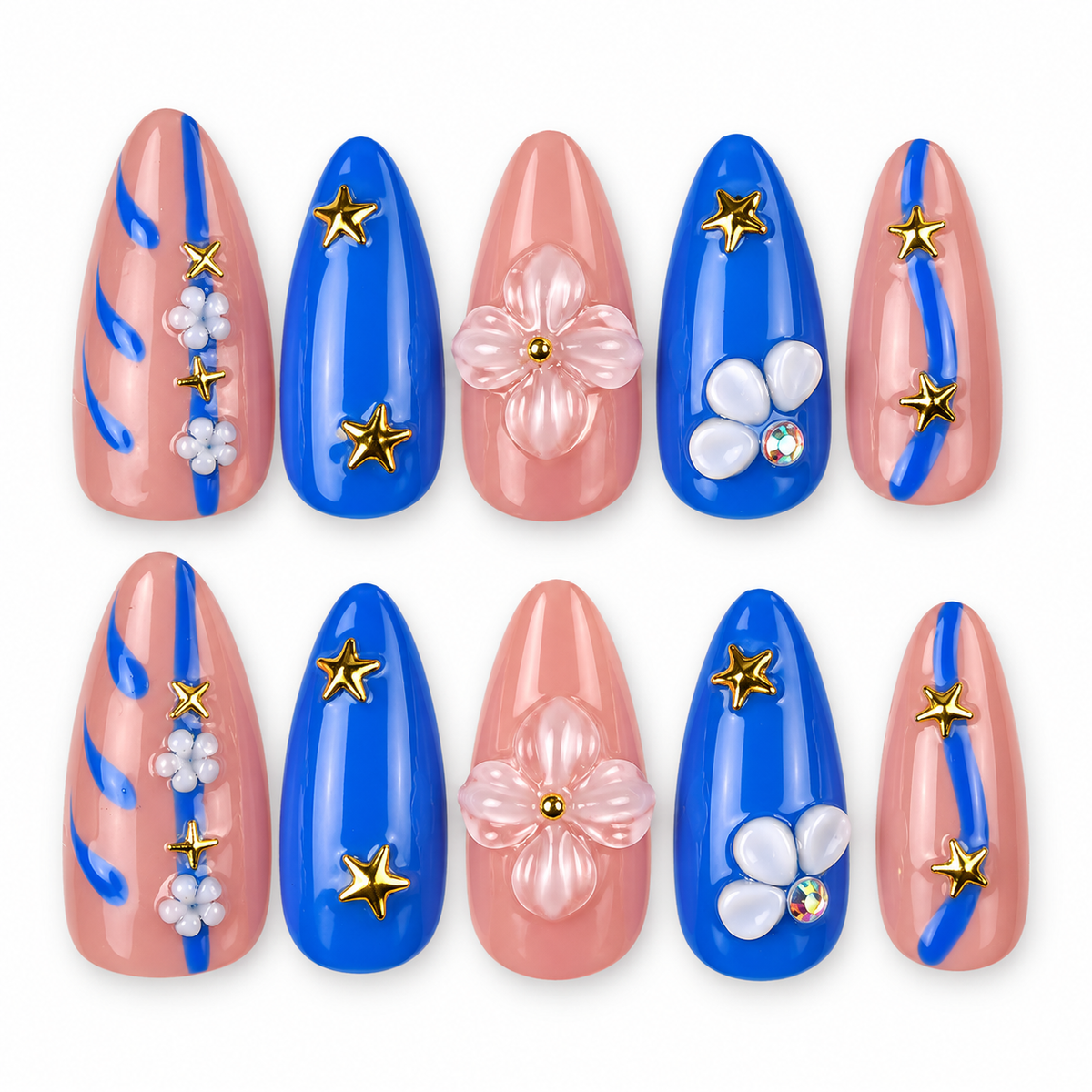 Blue Starlight cobalt blue and pink floral star almond press-on nails