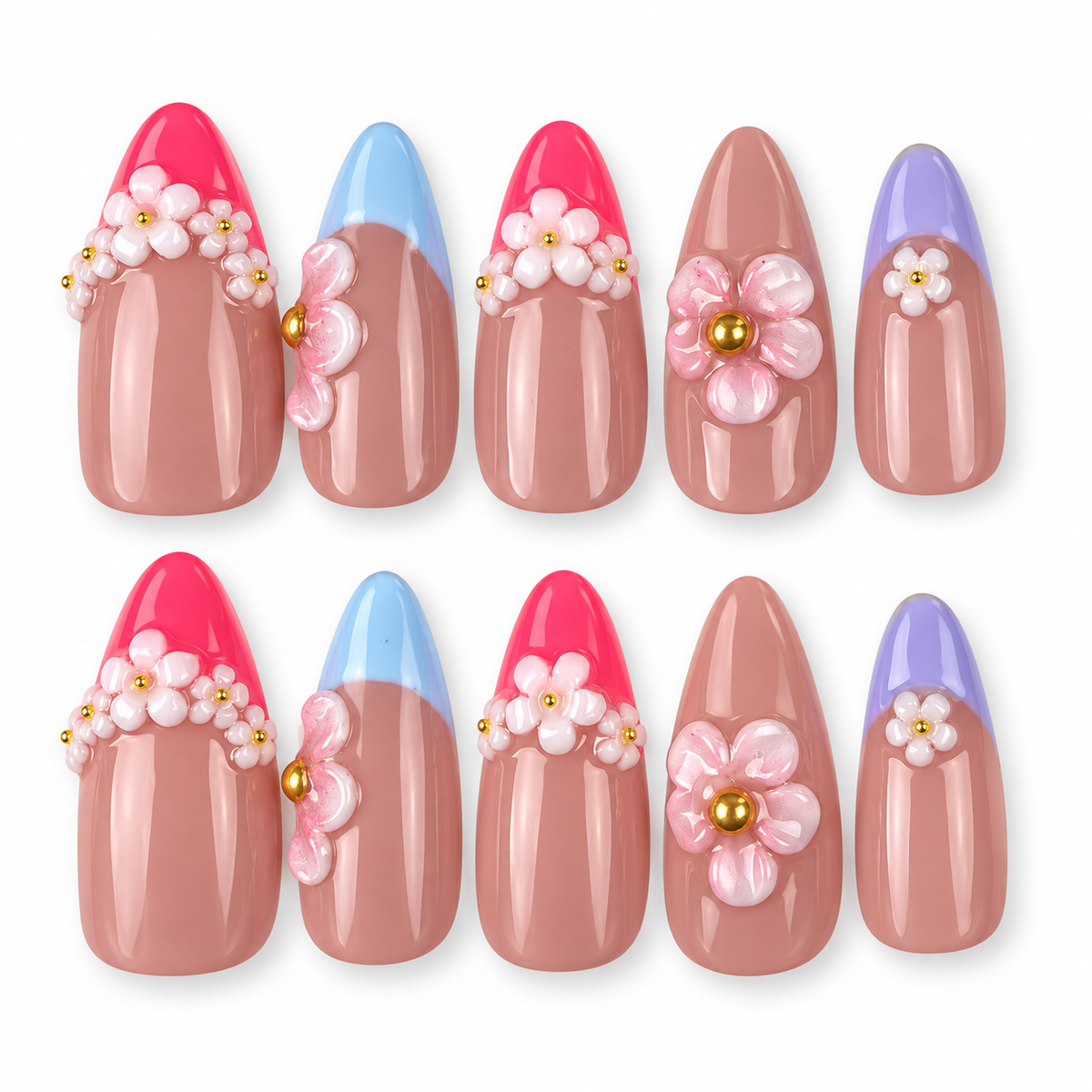 Floral Canopy pink, blue and lilac French tip floral almond press-on nails