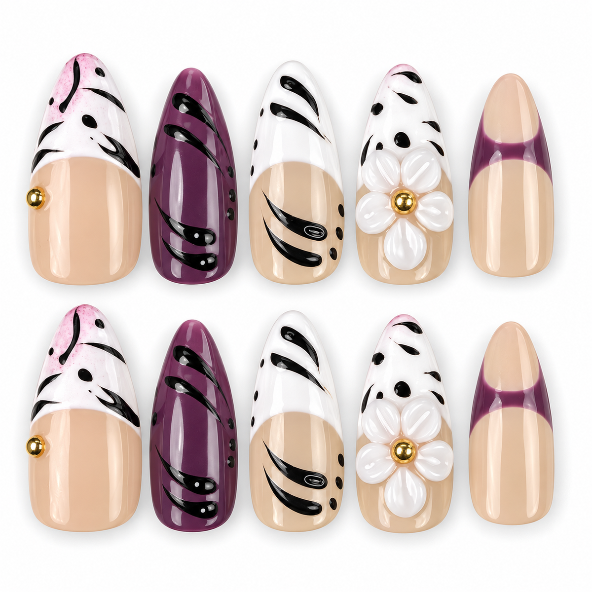Plum Safari plum, black and white zebra print floral almond press-on nails