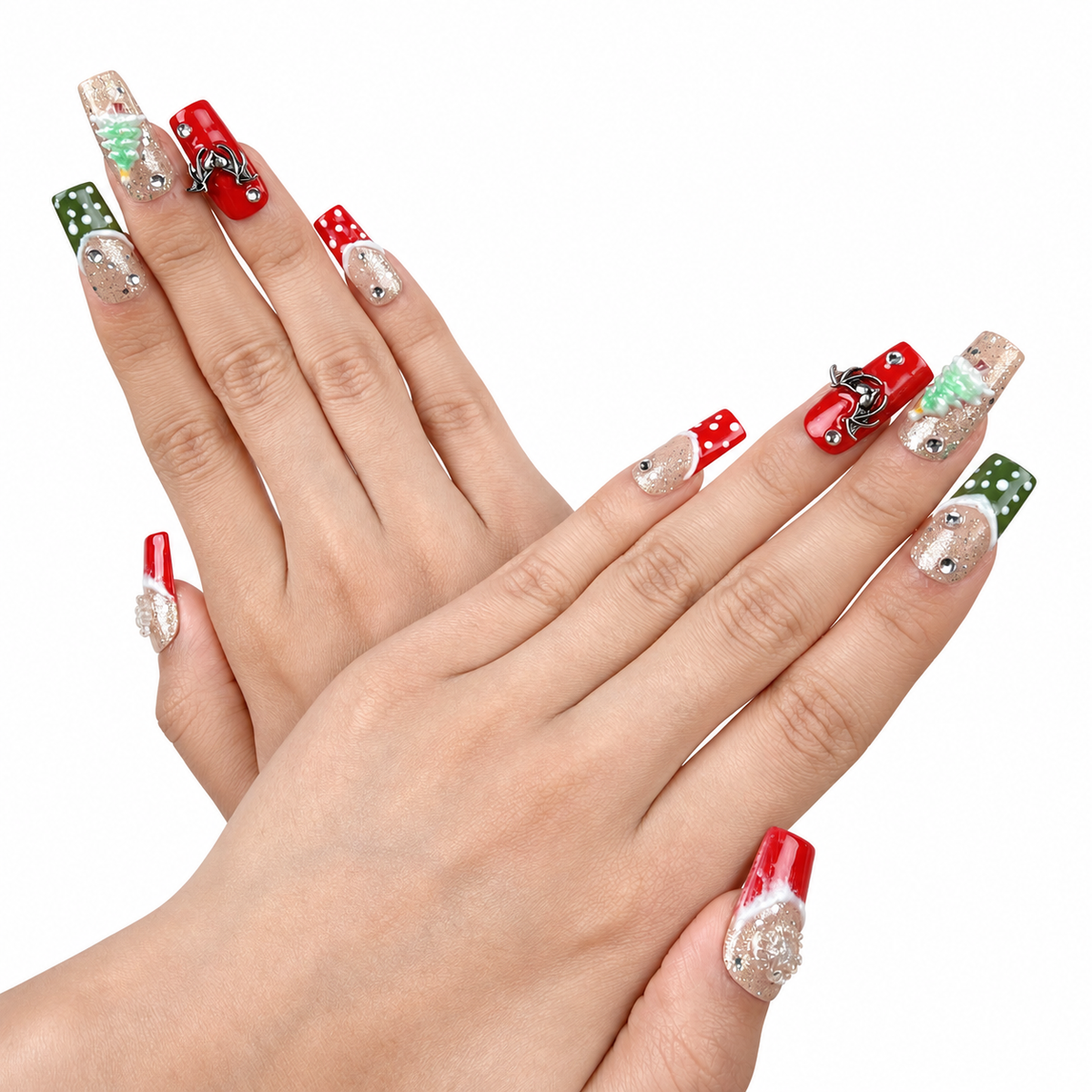 Close-up of hands wearing Gingerbread Party red, green and glitter Christmas square press-on nails with gingerbread and tree designs