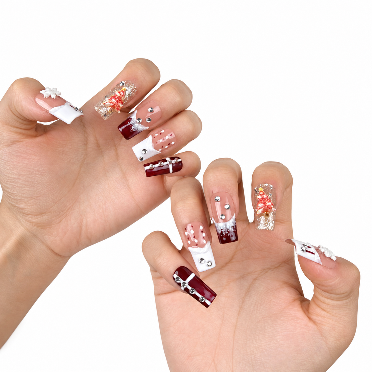Hands wearing Winter Rose burgundy glitter and white snowflake Christmas square press-on nails