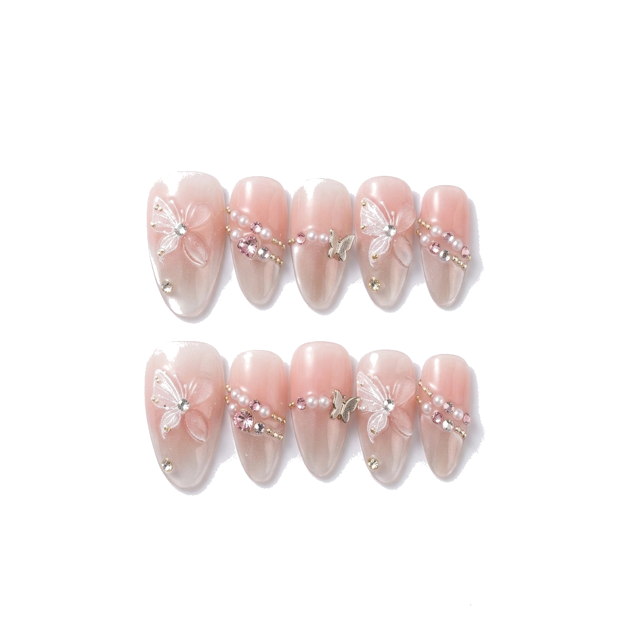H-002-E Handmade Floral Medium Almond Press-On Nails - White background 45-degree side view - UB2 BEAUTY