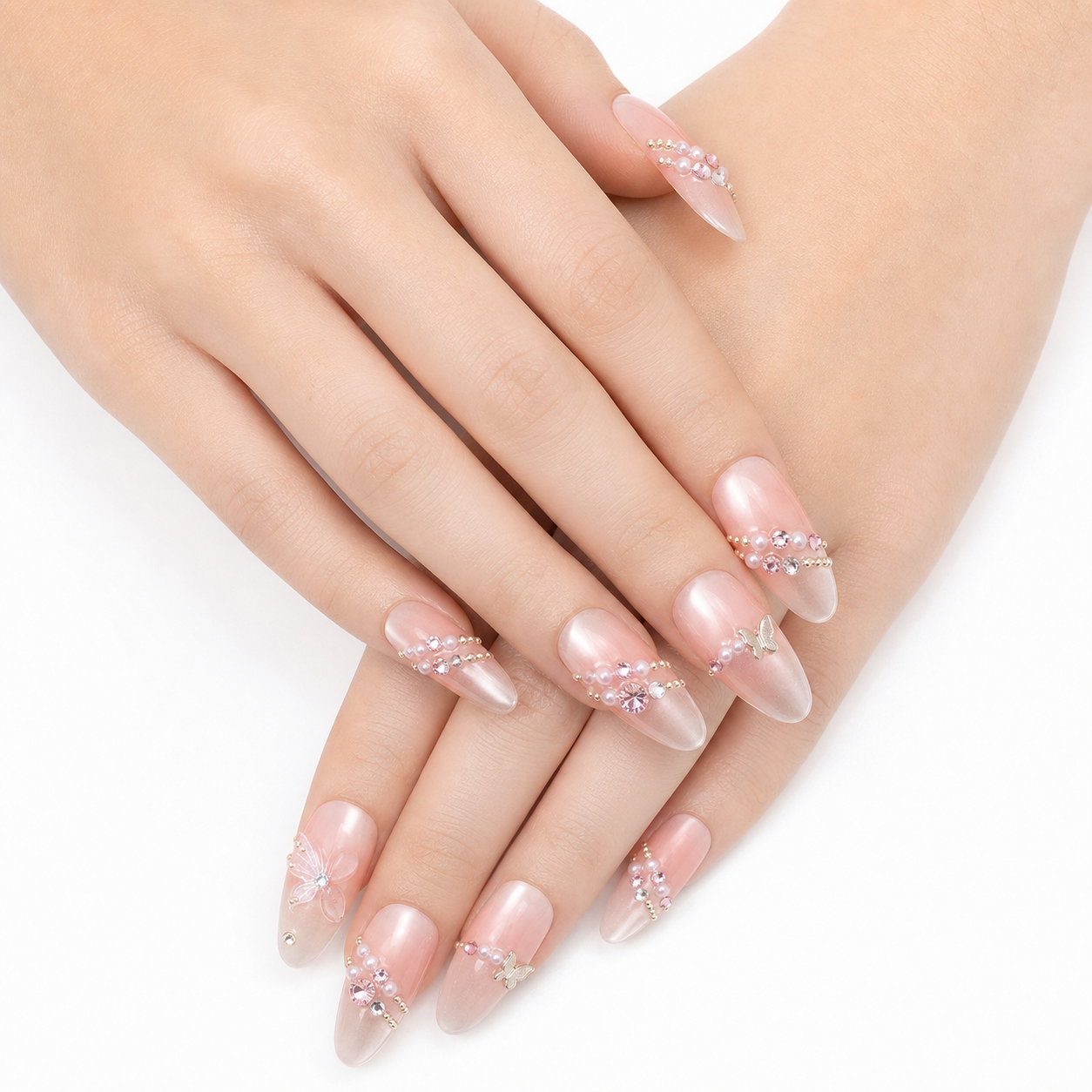H-002-E Handmade Floral Medium Almond Press-On Nails - White background circular layout view - UB2 BEAUTY