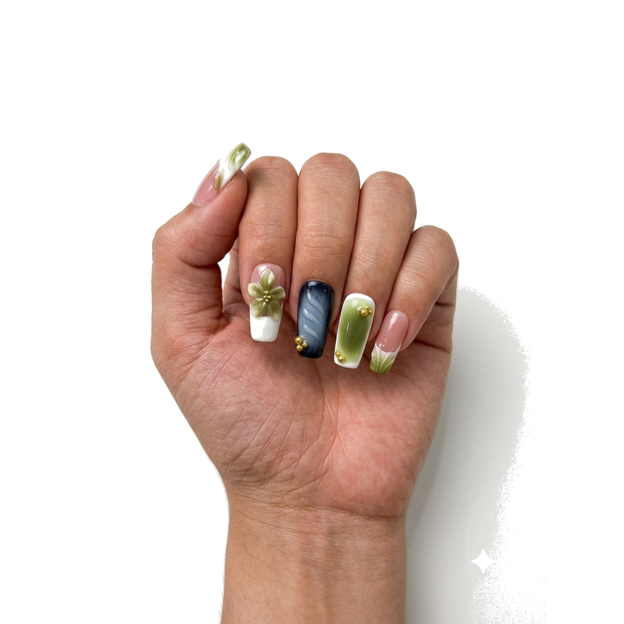 H-003-E Handmade Floral Medium Almond Press-On Nails - White background two-hand styling view - UB2 BEAUTY