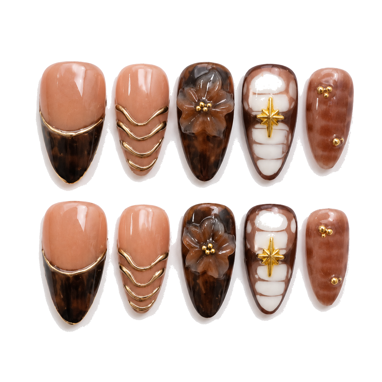 H-004-D Handmade Floral Medium Square Press-On Nails - White background hand close-up view - UB2 BEAUTY
