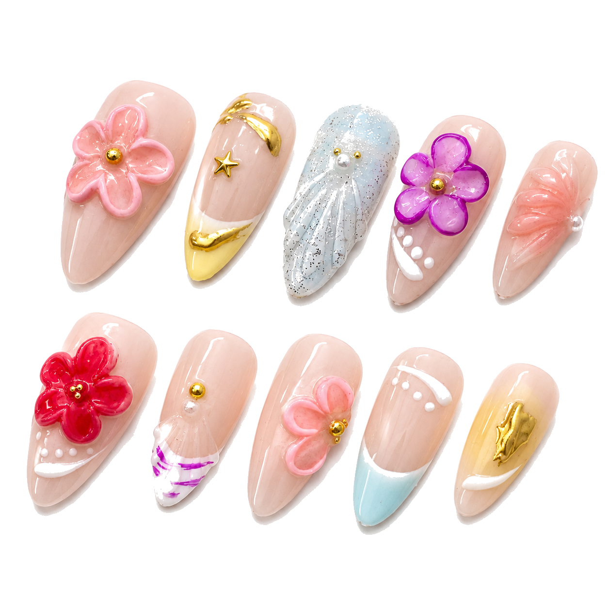 H-005-E Handmade Floral Medium Almond Press-On Nails - White background 45-degree side view - UB2 BEAUTY