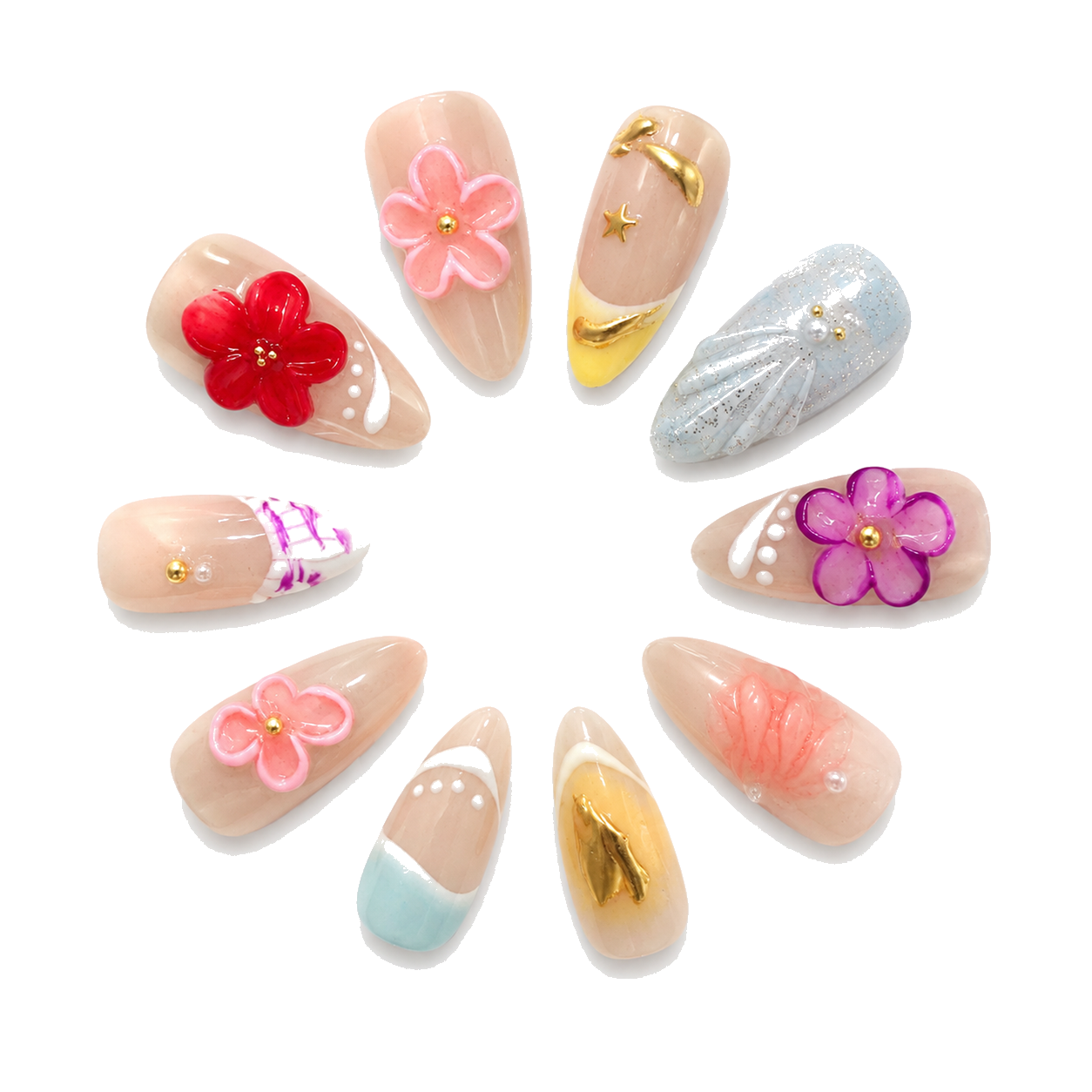H-005-E Handmade Floral Medium Almond Press-On Nails - White background front view - UB2 BEAUTY