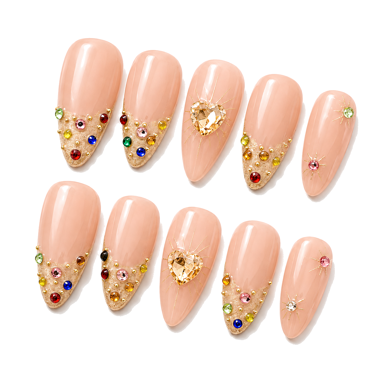 H-006-E Handmade Floral Medium Almond Press-On Nails - White background 45-degree side view - UB2 BEAUTY