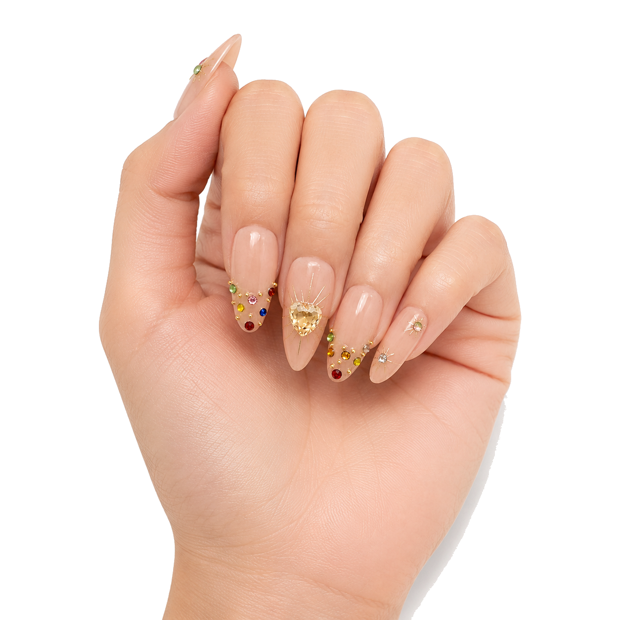 H-006-E Handmade Floral Medium Almond Press-On Nails - White background front view - UB2 BEAUTY
