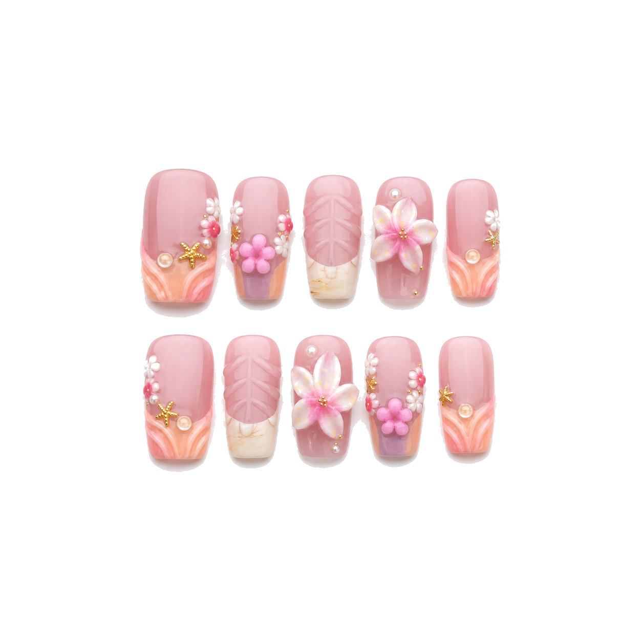 H-007-E Handmade Floral Medium Almond Press-On Nails - White background hand close-up view - UB2 BEAUTY