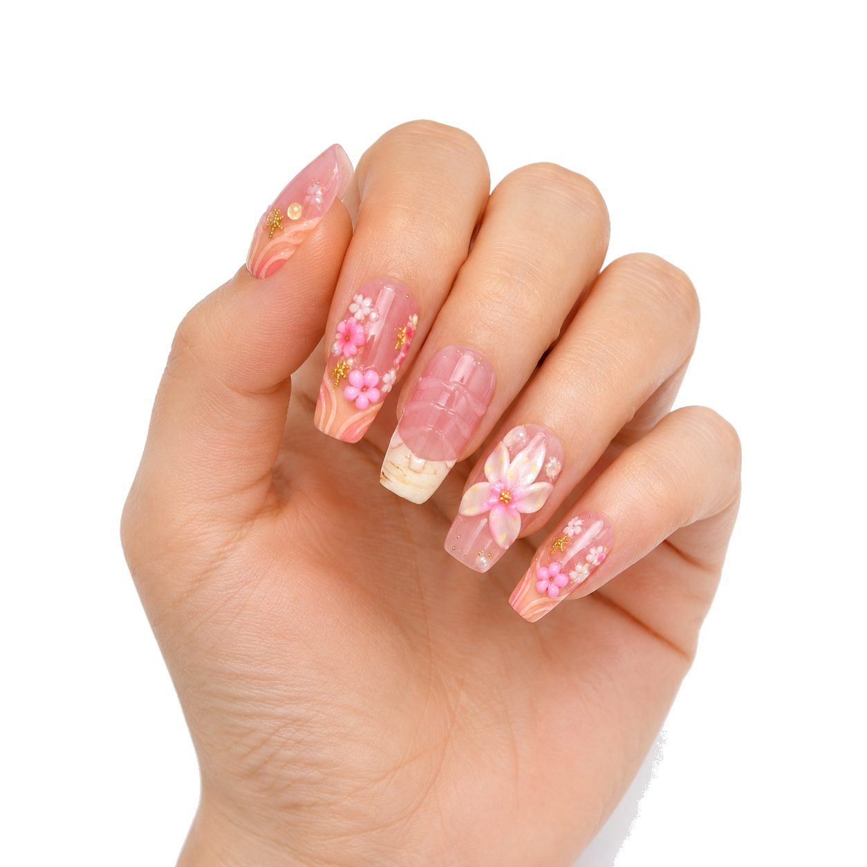 H-007-E Handmade Floral Medium Almond Press-On Nails - White background front view - UB2 BEAUTY