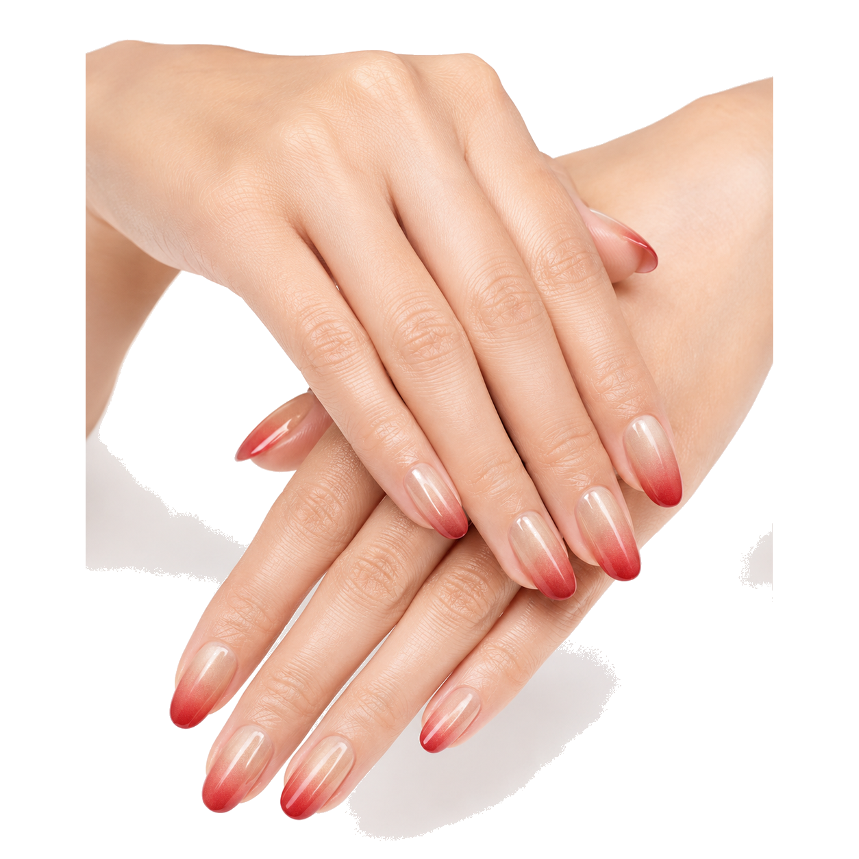 H-008-C Handmade Floral Short Almond Press-On Nails - White background two-hand styling view - UB2 BEAUTY