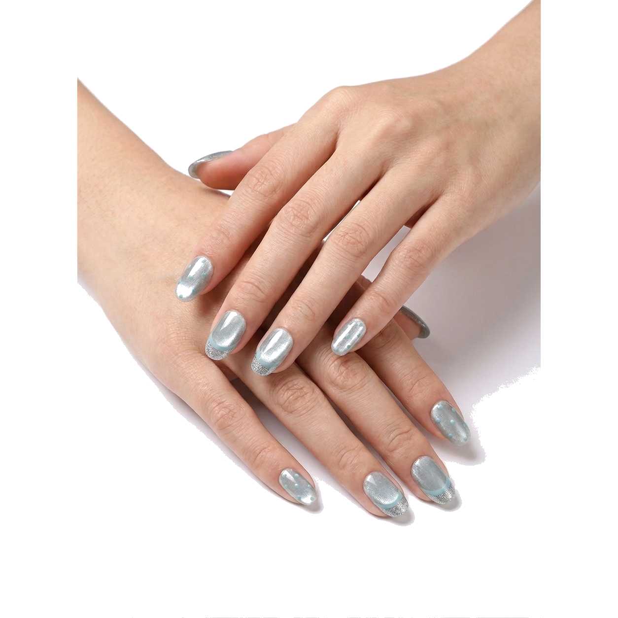 H-011-E Handmade Floral Medium Almond Press-On Nails - White background hand close-up view - UB2 BEAUTY